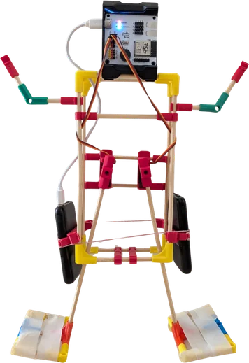 A standing robot with a screen for a head