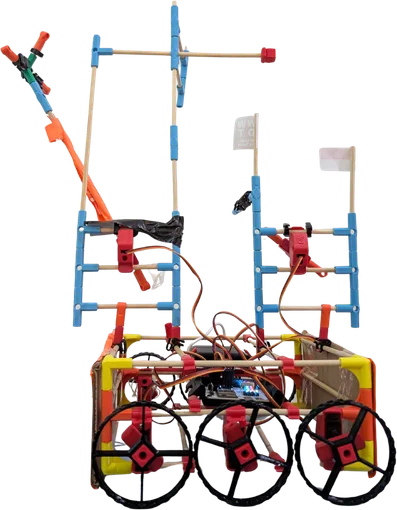 Two tall carts with flags, side by side