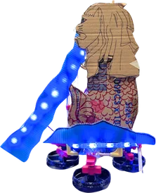 A figure in a patterned cloak beside a blue platform