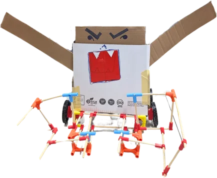 A robot with a cardboard head, a red mouth and long arms