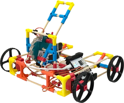 A buggy with four yellow wheels and a green motor