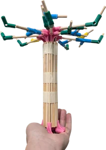 A tall pole with green tips, held up in one hand