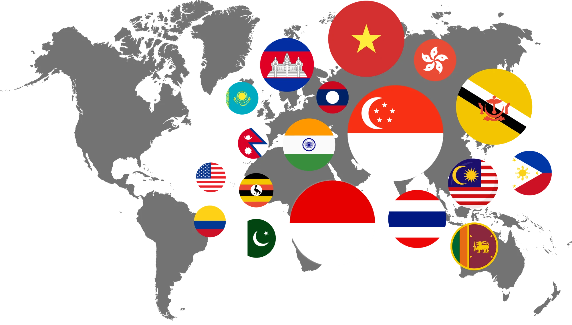 A world map with the flags of the countries Stick ’Em is used in