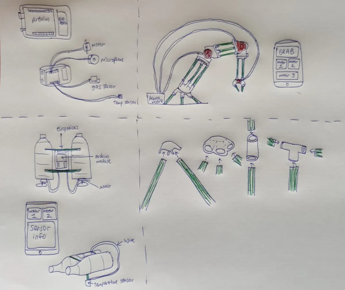 Two pages of the original hand-drawn Stick ’Em sketches: chopstick limbs, geometric connectors and early mechanisms