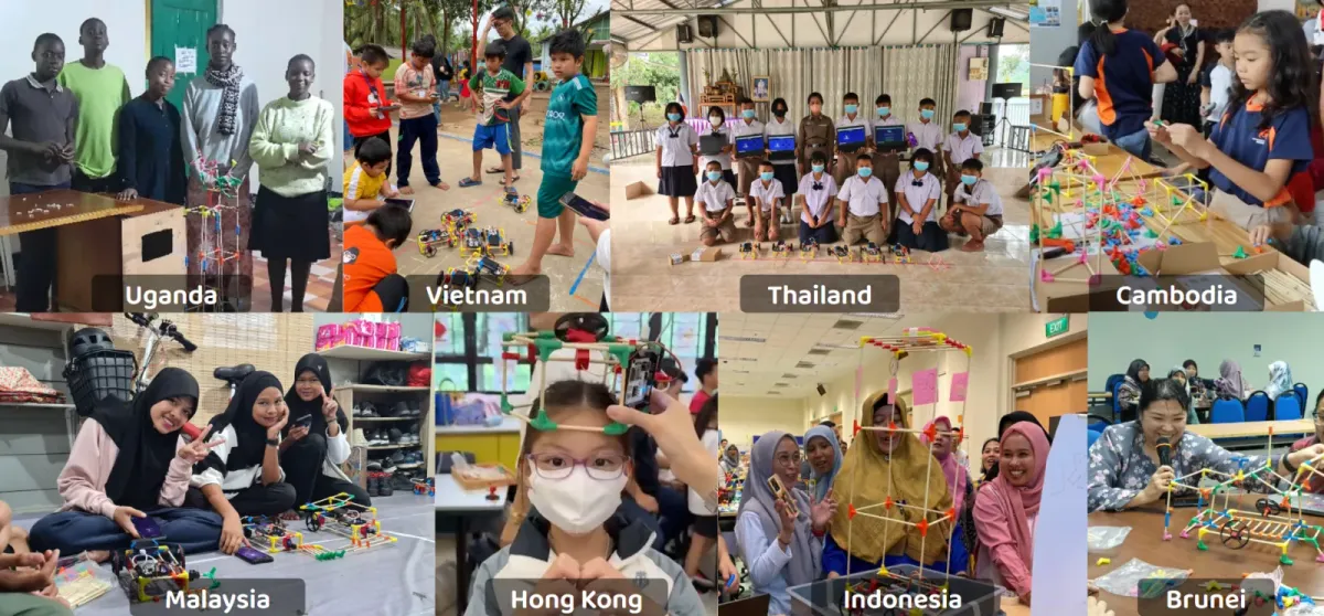 Eight classroom photographs from Uganda, Vietnam, Thailand, Cambodia, Malaysia, Hong Kong and Singapore