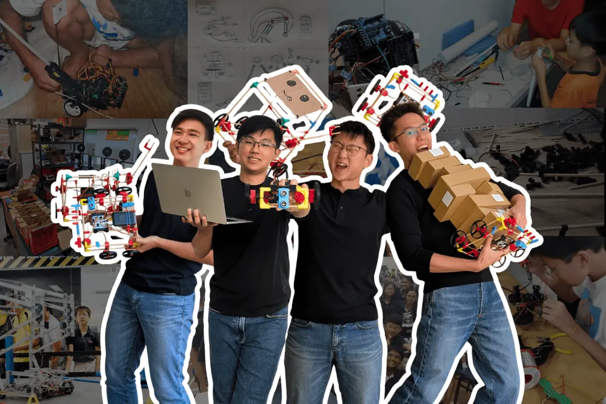 The four founders standing together holding builds and a laptop, over a collage of classrooms
